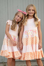 Load image into Gallery viewer, Kids Pink & Tangerine Daisy Checkered Tiered Spring Dress