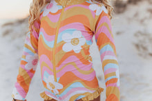 Load image into Gallery viewer, Kids Retro Flower Wave Zip Rash Guard One Piece Swimsuit
