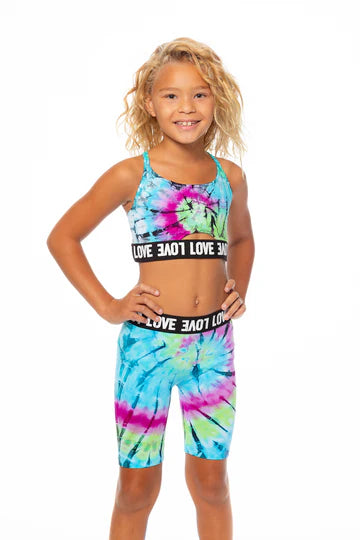 Tie Dye Bike Shorts w/ Love waist Band - Hot Pink Black and Teal