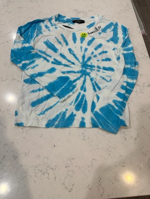 BLUE AND WHITE LONG SLEEVE TIE DIE SHIRT WITH SMILEY FACE