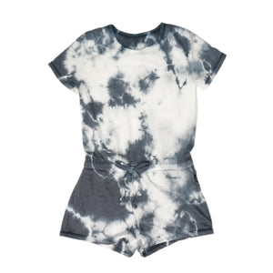 SHORT TERRY ROMPER WITH NAVY SPLOTCH TIE DYE