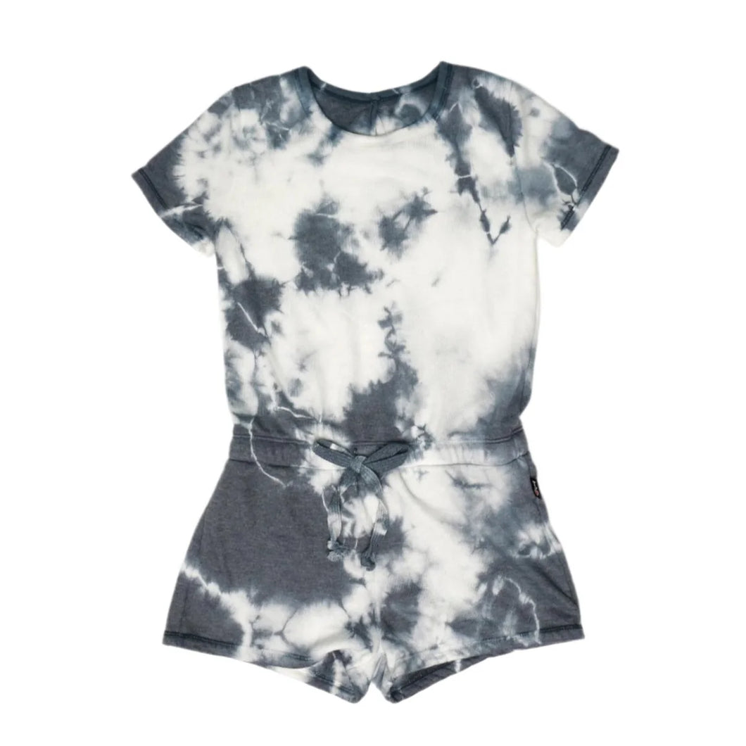 SHORT TERRY ROMPER WITH NAVY SPLOTCH TIE DYE
