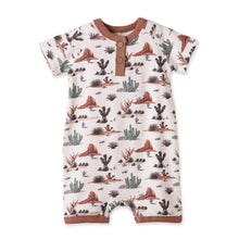 Load image into Gallery viewer, Baby Boy Shorty Romper – Bamboo Cactus Trails Henley Outfit
