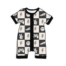 Load image into Gallery viewer, Black Check Peace Summer Shorties Sleeper Pajamas
