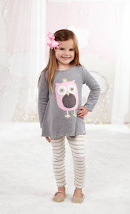 Mud Pie|Owl with Crown and Cream Gold Glittery Striped Tunic Two Piece Set