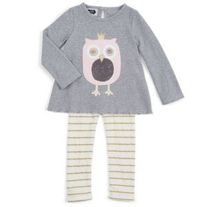 Mud Pie|Owl with Crown and Cream Gold Glittery Striped Tunic Two Piece Set