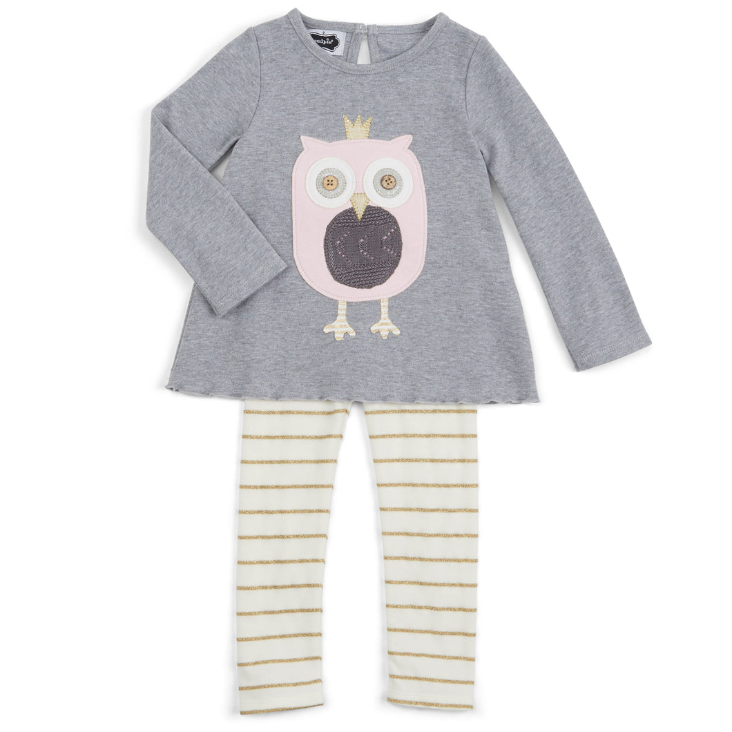 Mud Pie|Owl with Crown and Cream Gold Glittery Striped Tunic Two Piece Set