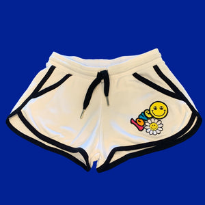WHITE AND BLACK TRACK SHORT WITH PATCHES