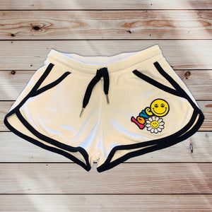 WHITE AND BLACK TRACK SHORT WITH PATCHES