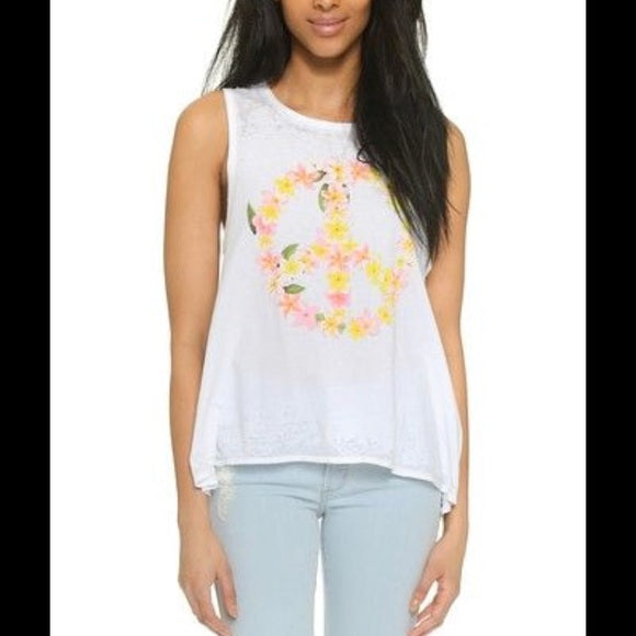 FLORAL PEACE SIGN WHITE SLEEVELESS TEE