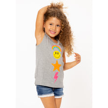 Load image into Gallery viewer, WHITE RAINBOW SMILEY FACE STAR LIGHTNING BOLT SLEEVELESS TEE
