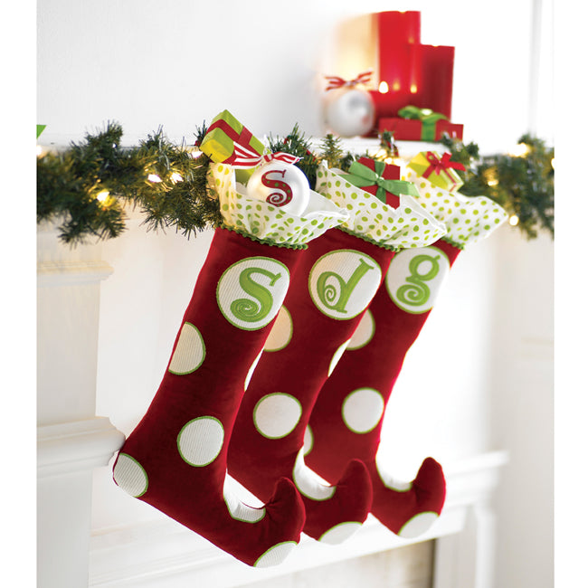 EMBROIDERED INITIAL CORDUROY POLKA DOTTED STOCKING