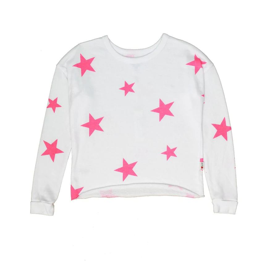 WHITE RAW EDGE TERRY SWEATSHIRT WITH PINK STARS