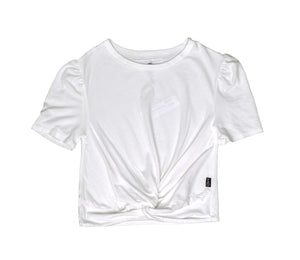 BLUE PUFF SLEEVE FRONT KNOT SHIRT